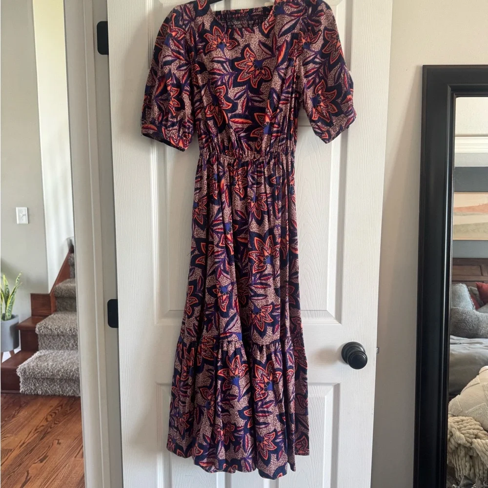 NWT Evereve Noelle Open Back Printed Midi Dress with Sleeves - Picture 3 of 5